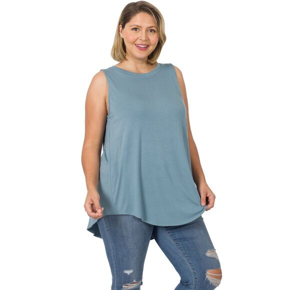 Zenana Plus Size Luxe Rayon Sleeveless Hi-Low Hem Tank Top Blue Gray Size 1X - Picture 1 of 1